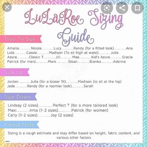 Lularoe Sizing Chart (approximations) STILL ASK💖